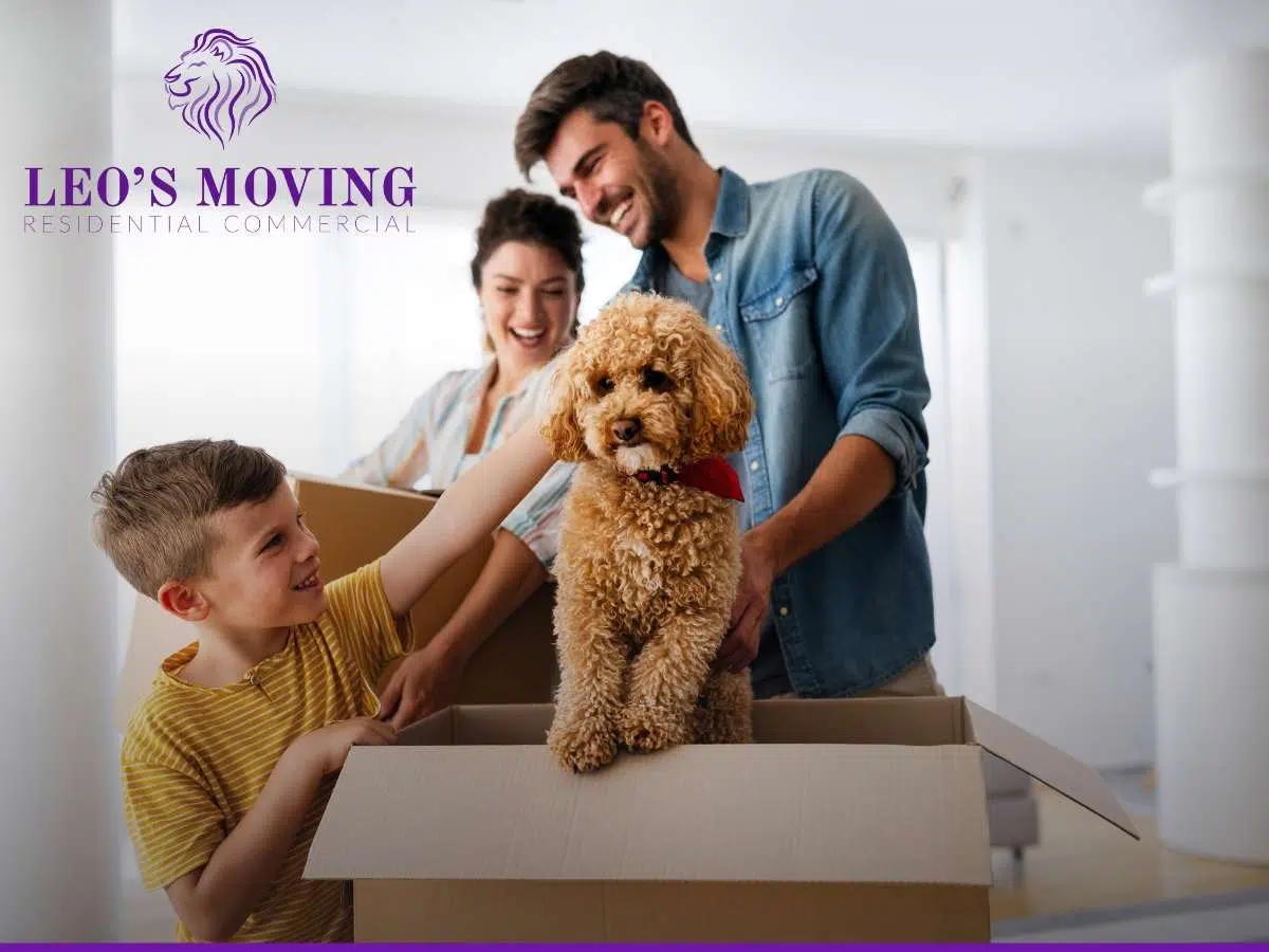 Happy family moving with their dog in Arizona